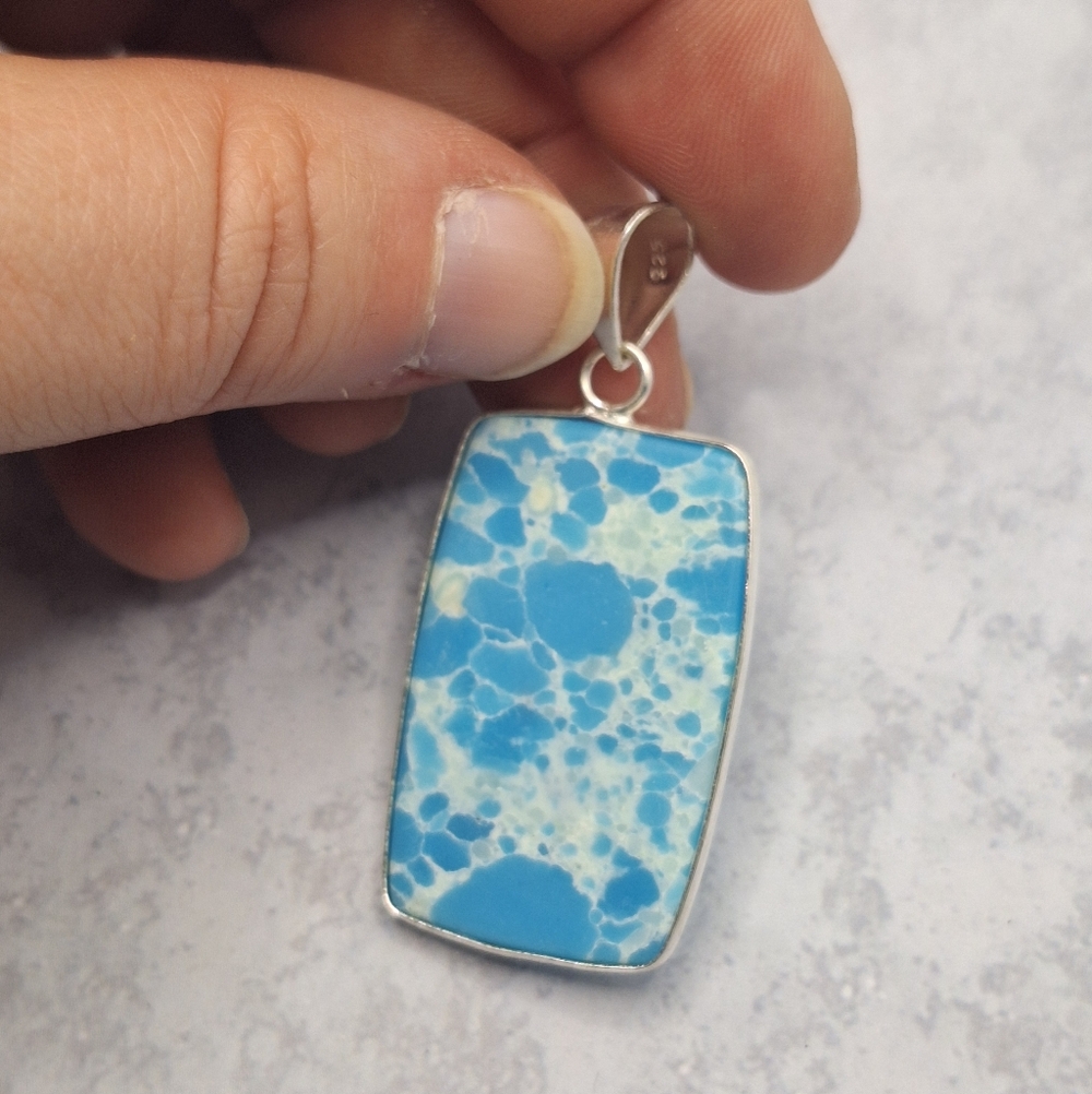 Natural Larimar Blue Stone Pendant Silver Plated Handmade - Picture 2 of 6